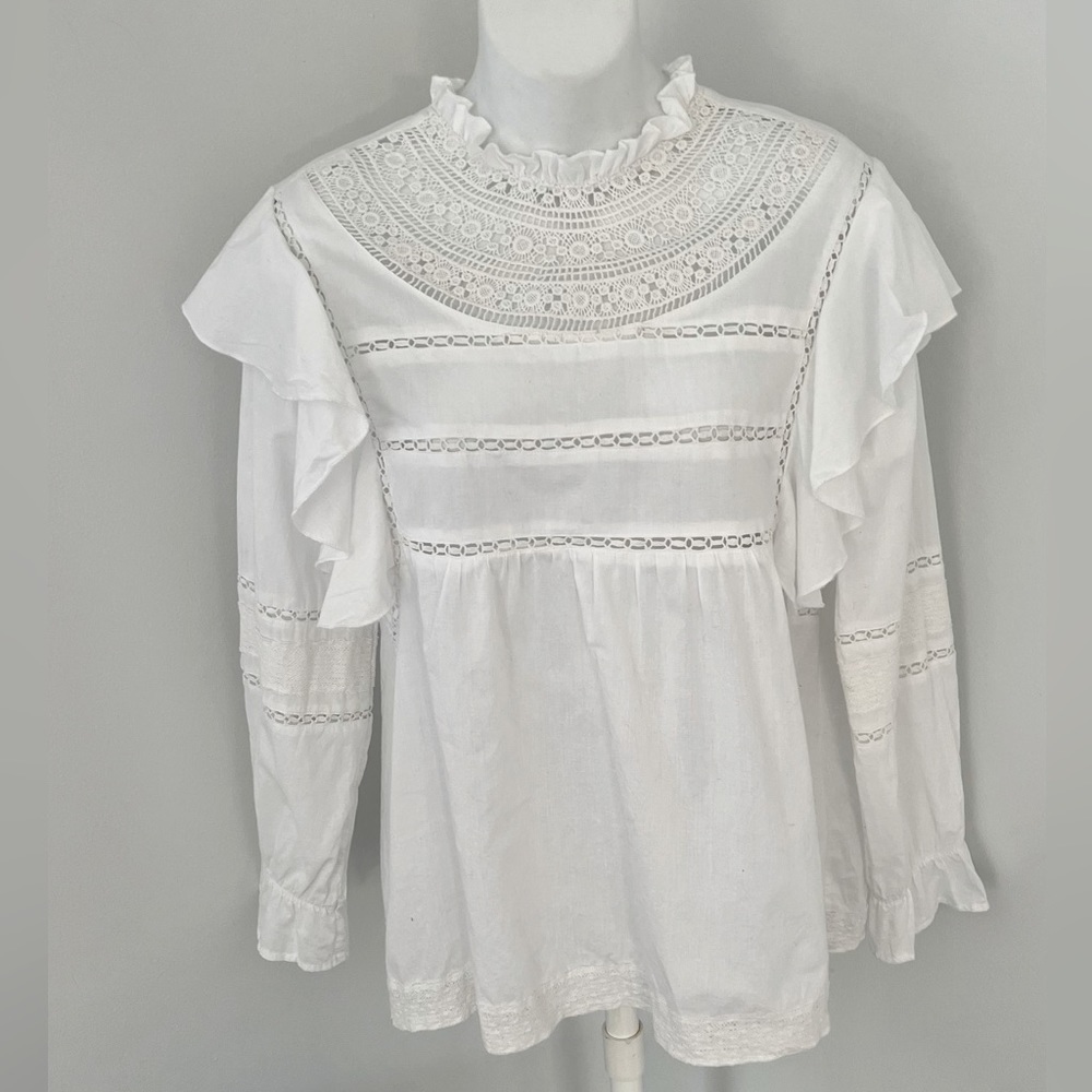Elan White Ruffle and Lace Coquette Babydoll Top Sz. S